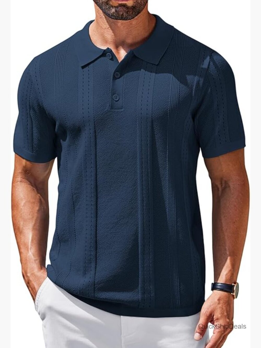 Mens Textured Knit Polo Shirt Short Sleeve Button Down Summer Casual